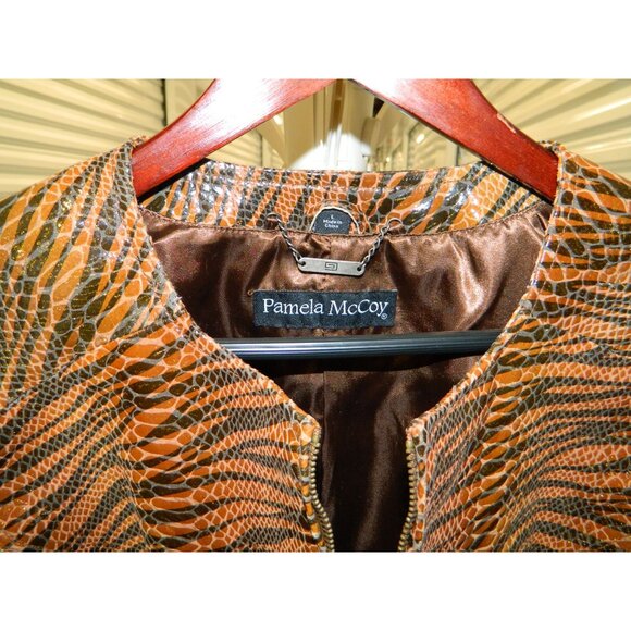 Pamela McCoy Size L New Leather Animal Print Jacket Zippered Front & Cuffs - Picture 2 of 15